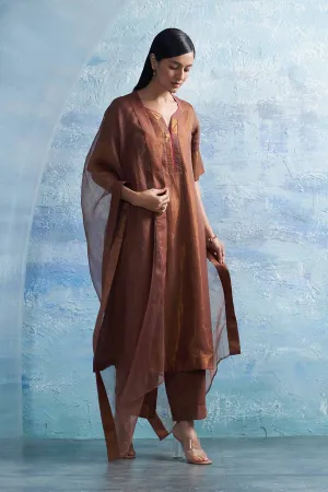 Brown V-Neck Long Kurta Set