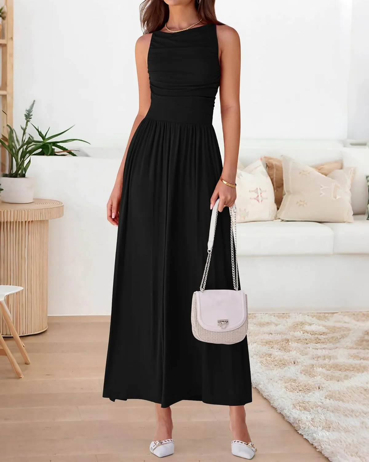 BTFBM Women Casual Dress 2025 Summer Sleeveless Ruched Maxi Dresses Boat Neck High Waist Lightweight Tank Dress Pockets