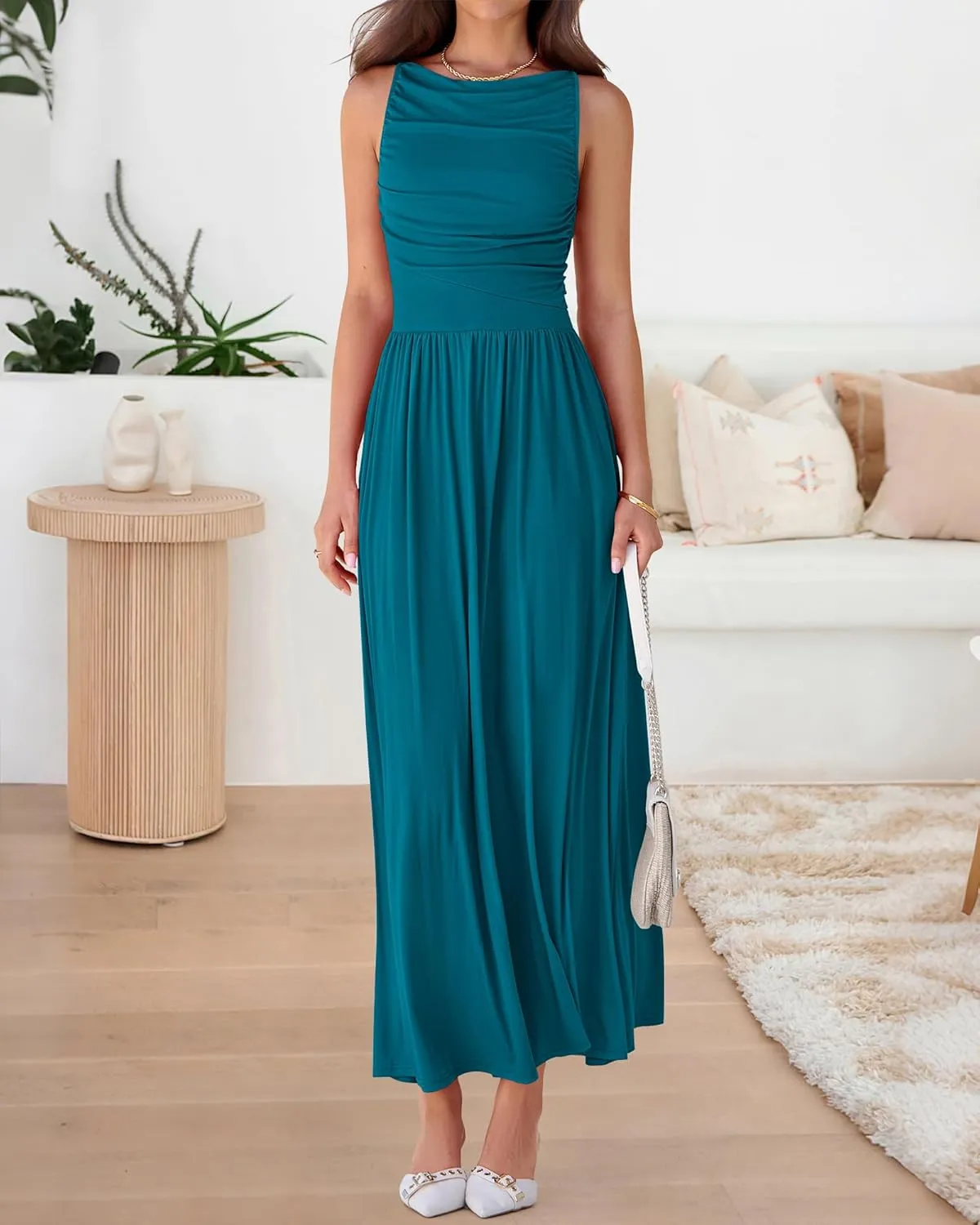 BTFBM Women Casual Dress 2025 Summer Sleeveless Ruched Maxi Dresses Boat Neck High Waist Lightweight Tank Dress Pockets