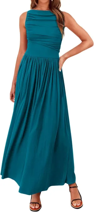 BTFBM Women Casual Dress 2025 Summer Sleeveless Ruched Maxi Dresses Boat Neck High Waist Lightweight Tank Dress Pockets