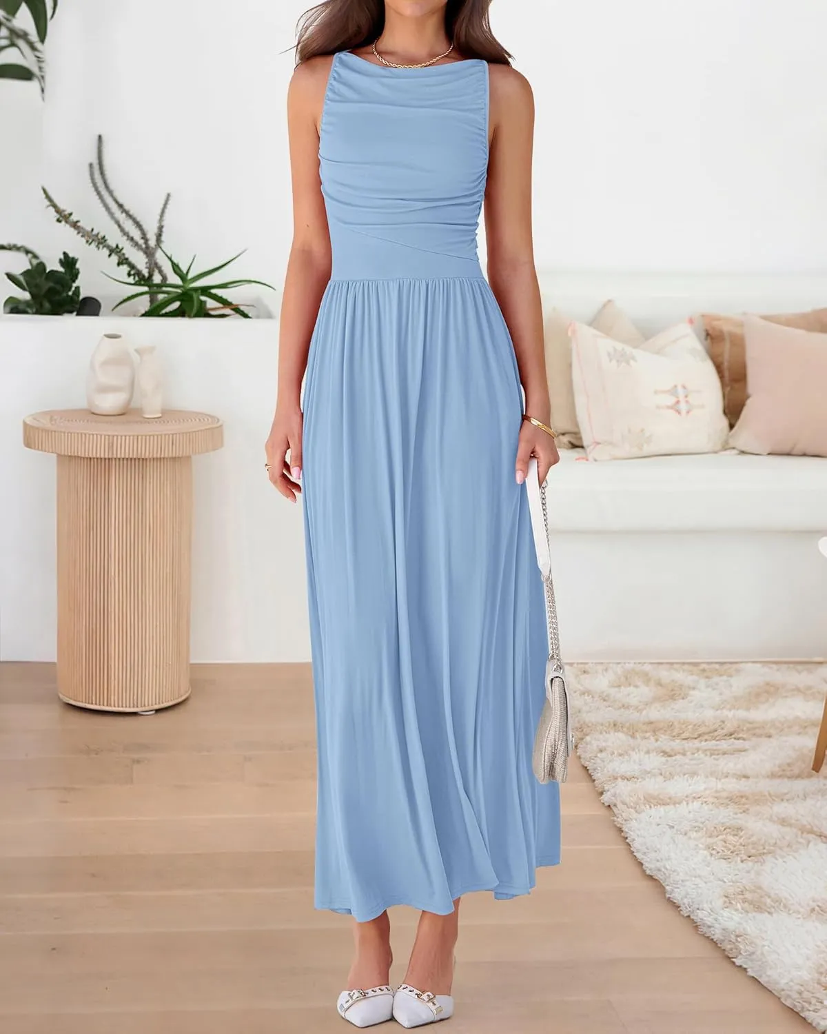 BTFBM Women Casual Dress 2025 Summer Sleeveless Ruched Maxi Dresses Boat Neck High Waist Lightweight Tank Dress Pockets