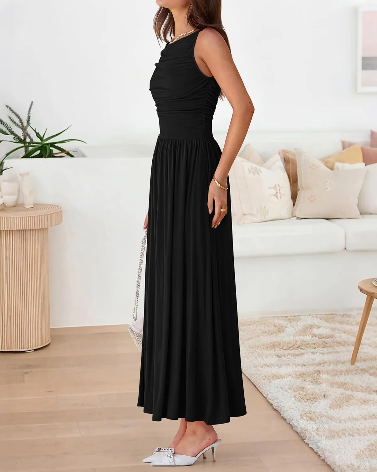 BTFBM Women Casual Dress 2025 Summer Sleeveless Ruched Maxi Dresses Boat Neck High Waist Lightweight Tank Dress Pockets