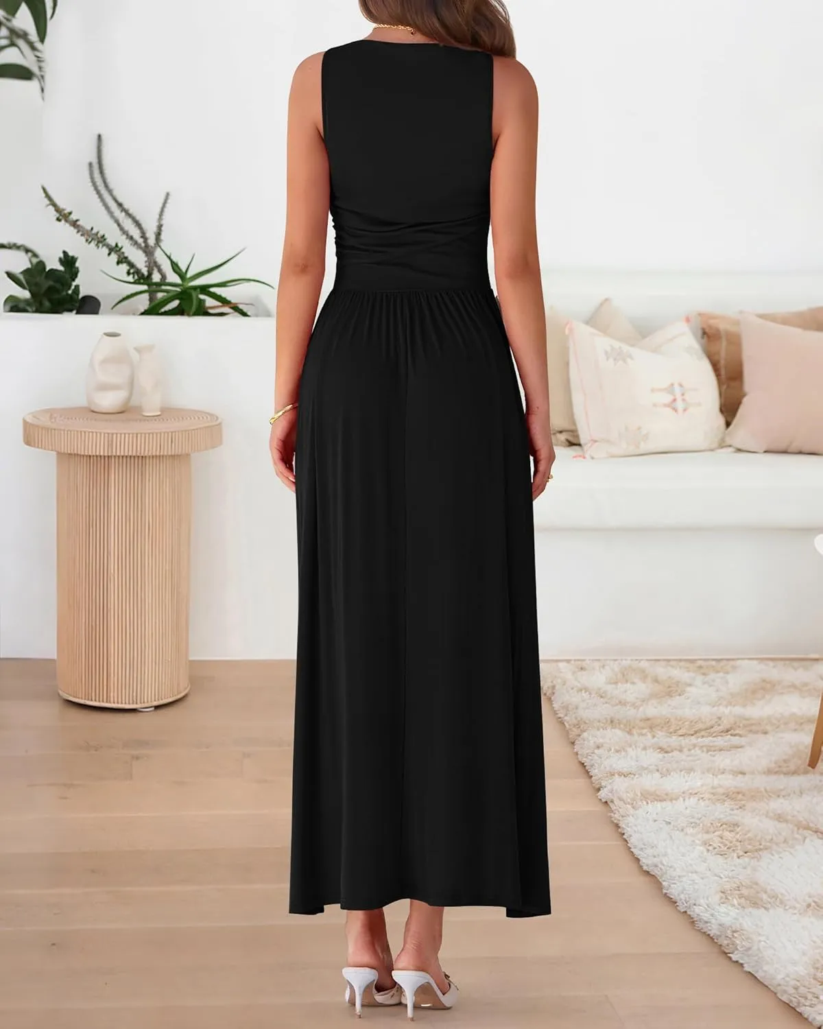 BTFBM Women Casual Dress 2025 Summer Sleeveless Ruched Maxi Dresses Boat Neck High Waist Lightweight Tank Dress Pockets
