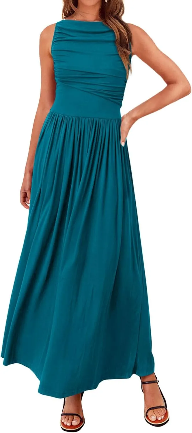 BTFBM Women Casual Dress 2025 Summer Sleeveless Ruched Maxi Dresses Boat Neck High Waist Lightweight Tank Dress Pockets