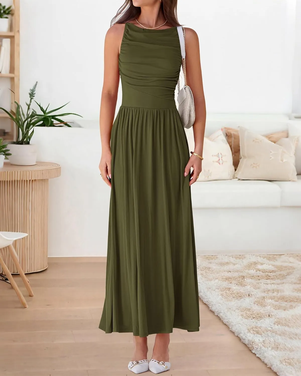 BTFBM Women Casual Dress 2025 Summer Sleeveless Ruched Maxi Dresses Boat Neck High Waist Lightweight Tank Dress Pockets