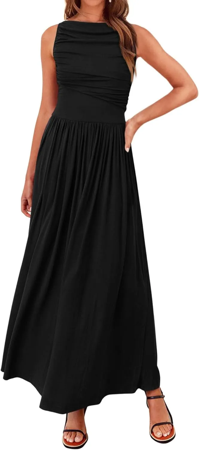 BTFBM Women Casual Dress 2025 Summer Sleeveless Ruched Maxi Dresses Boat Neck High Waist Lightweight Tank Dress Pockets