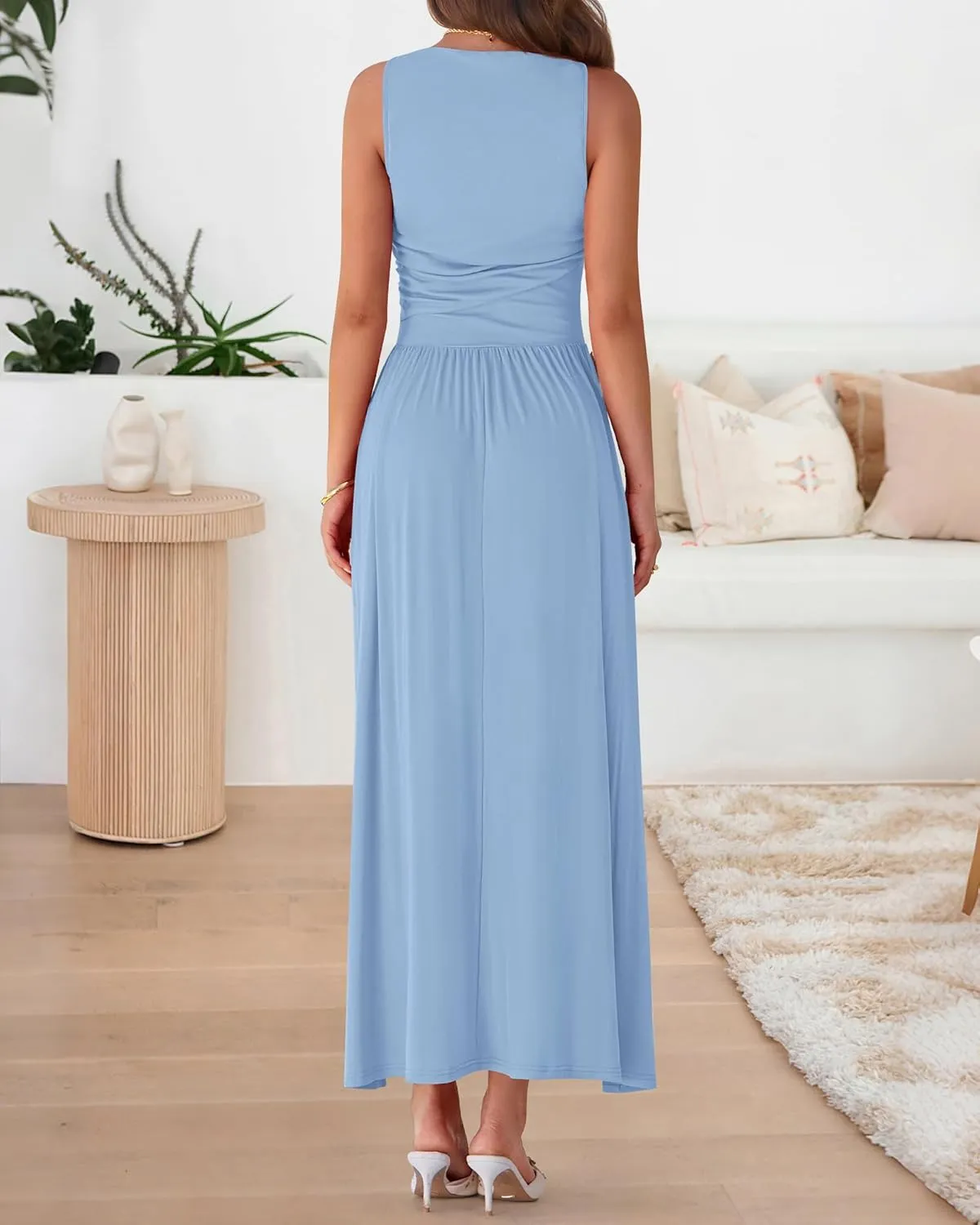 BTFBM Women Casual Dress 2025 Summer Sleeveless Ruched Maxi Dresses Boat Neck High Waist Lightweight Tank Dress Pockets