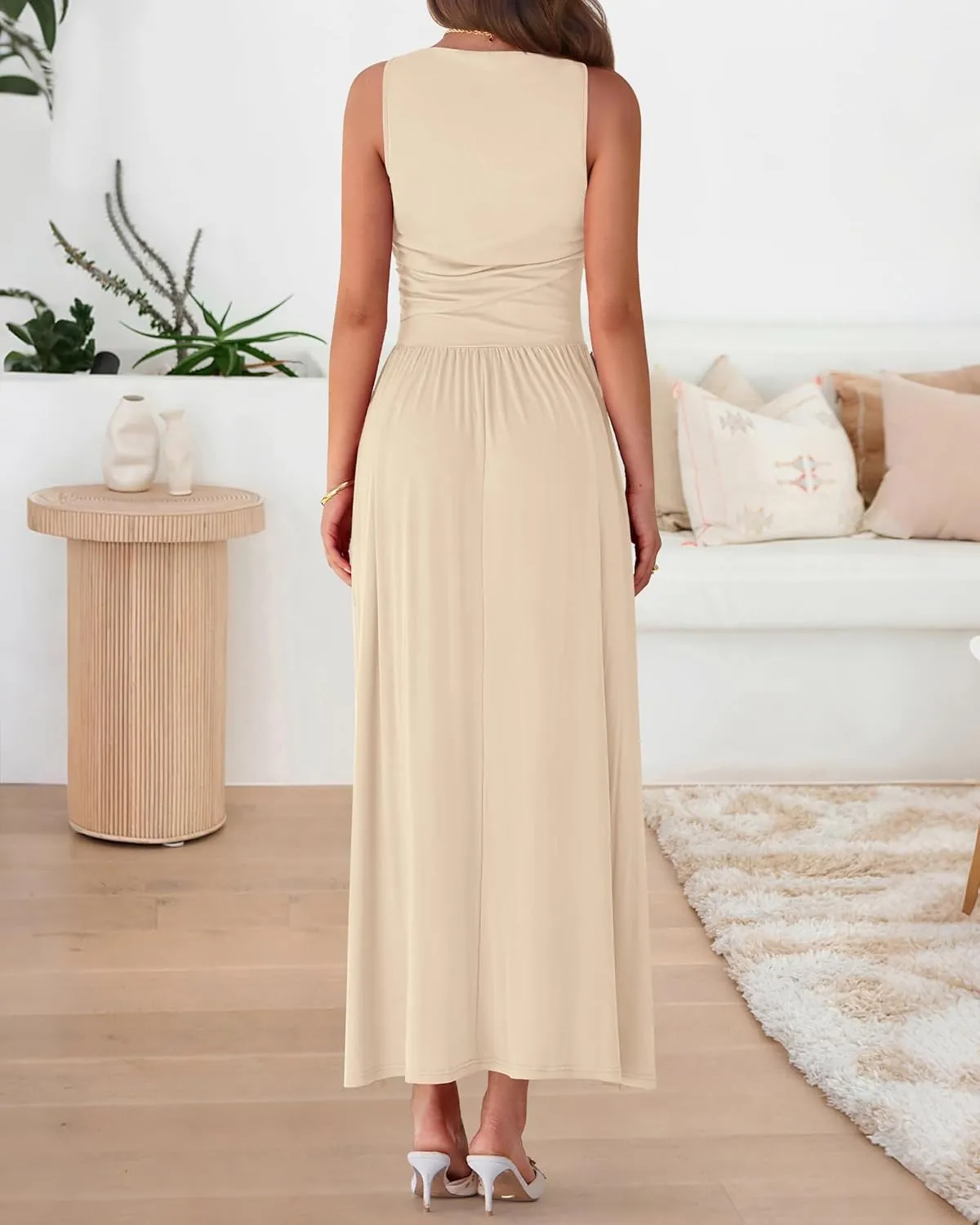 BTFBM Women Casual Dress 2025 Summer Sleeveless Ruched Maxi Dresses Boat Neck High Waist Lightweight Tank Dress Pockets