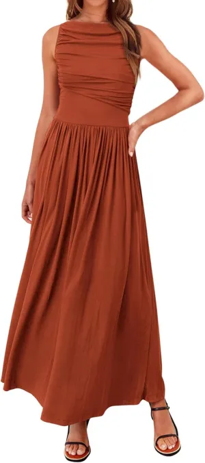 BTFBM Women Casual Dress 2025 Summer Sleeveless Ruched Maxi Dresses Boat Neck High Waist Lightweight Tank Dress Pockets