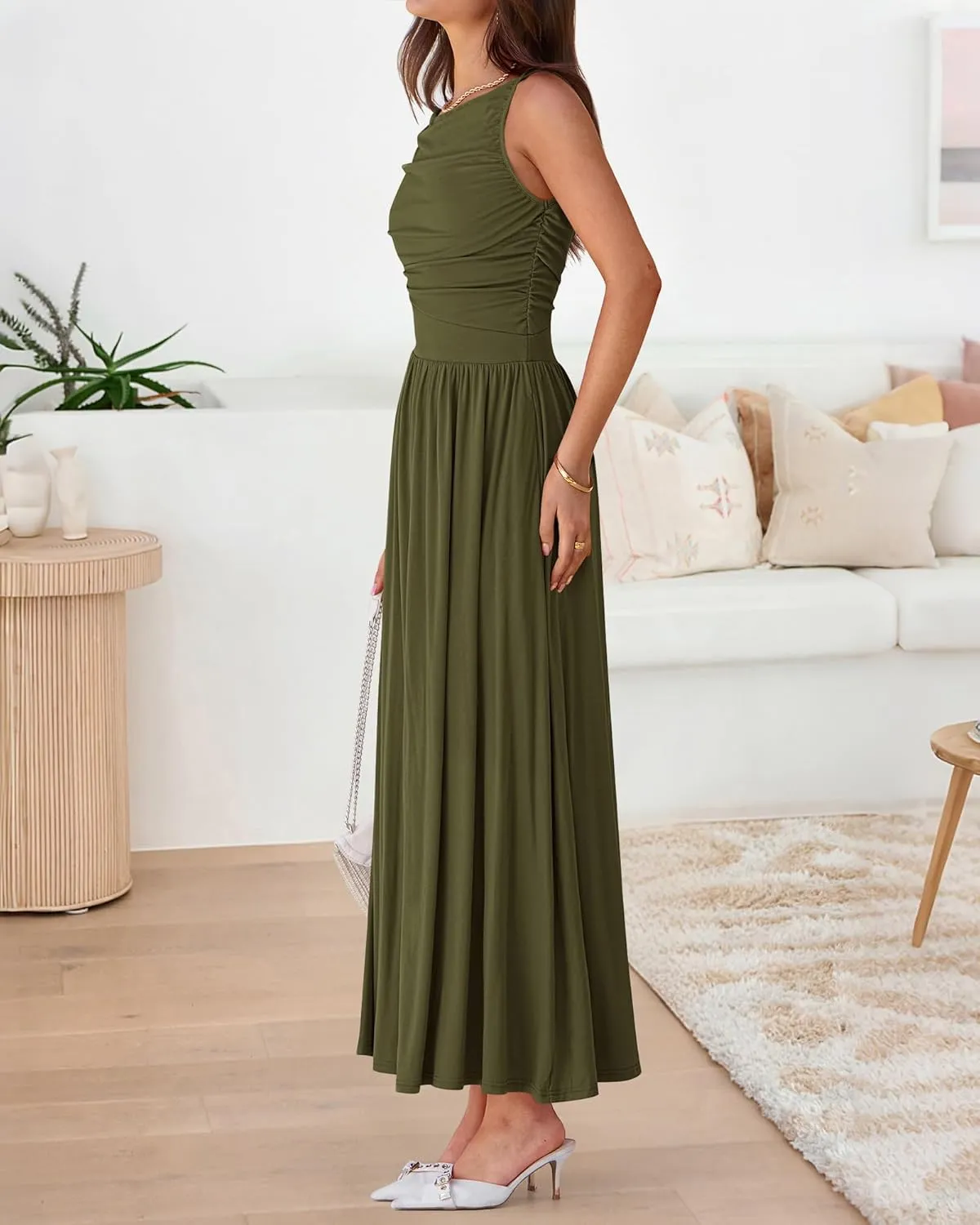 BTFBM Women Casual Dress 2025 Summer Sleeveless Ruched Maxi Dresses Boat Neck High Waist Lightweight Tank Dress Pockets