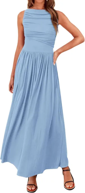 BTFBM Women Casual Dress 2025 Summer Sleeveless Ruched Maxi Dresses Boat Neck High Waist Lightweight Tank Dress Pockets