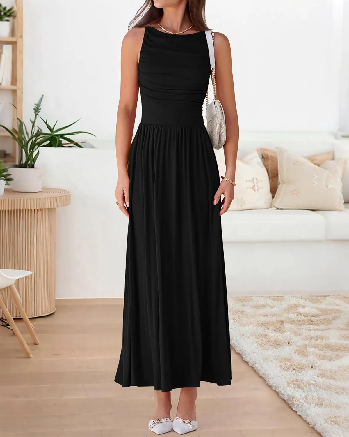 BTFBM Women Casual Dress 2025 Summer Sleeveless Ruched Maxi Dresses Boat Neck High Waist Lightweight Tank Dress Pockets
