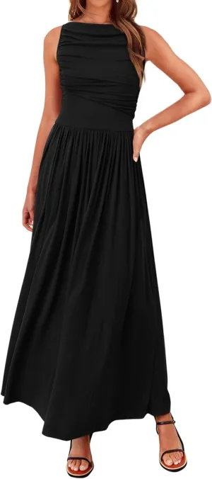 BTFBM Women Casual Dress 2025 Summer Sleeveless Ruched Maxi Dresses Boat Neck High Waist Lightweight Tank Dress Pockets