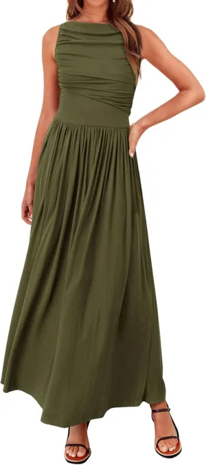 BTFBM Women Casual Dress 2025 Summer Sleeveless Ruched Maxi Dresses Boat Neck High Waist Lightweight Tank Dress Pockets