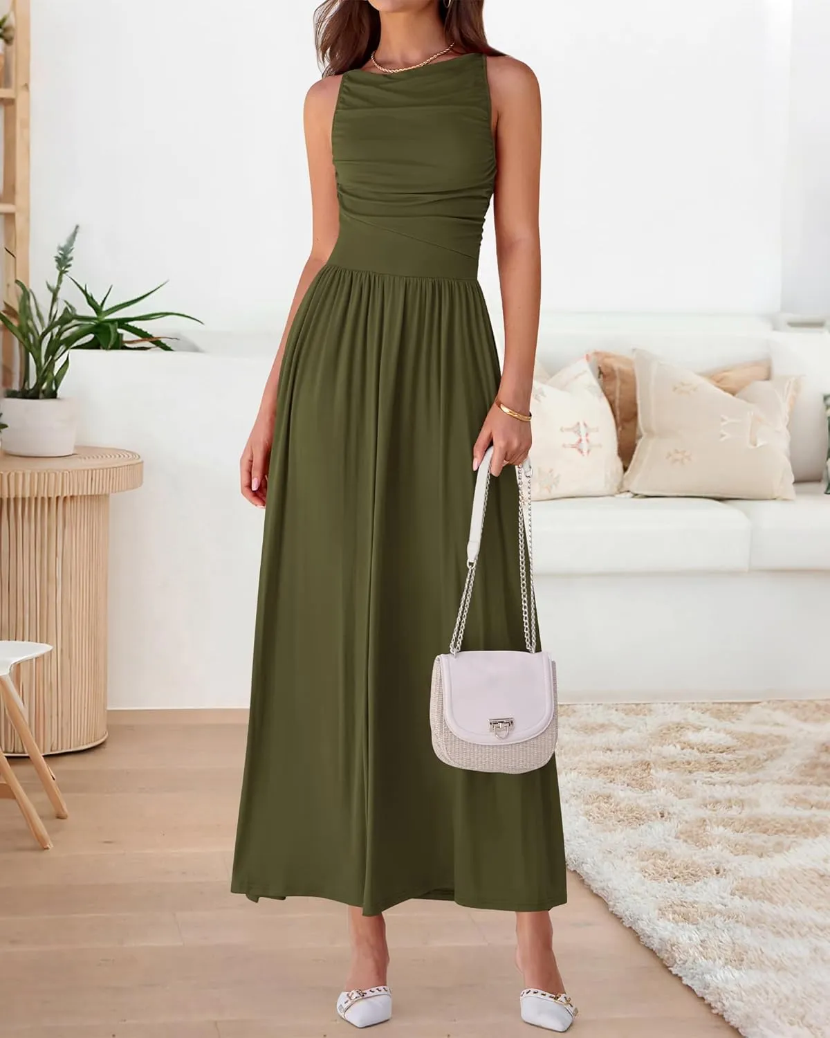 BTFBM Women Casual Dress 2025 Summer Sleeveless Ruched Maxi Dresses Boat Neck High Waist Lightweight Tank Dress Pockets
