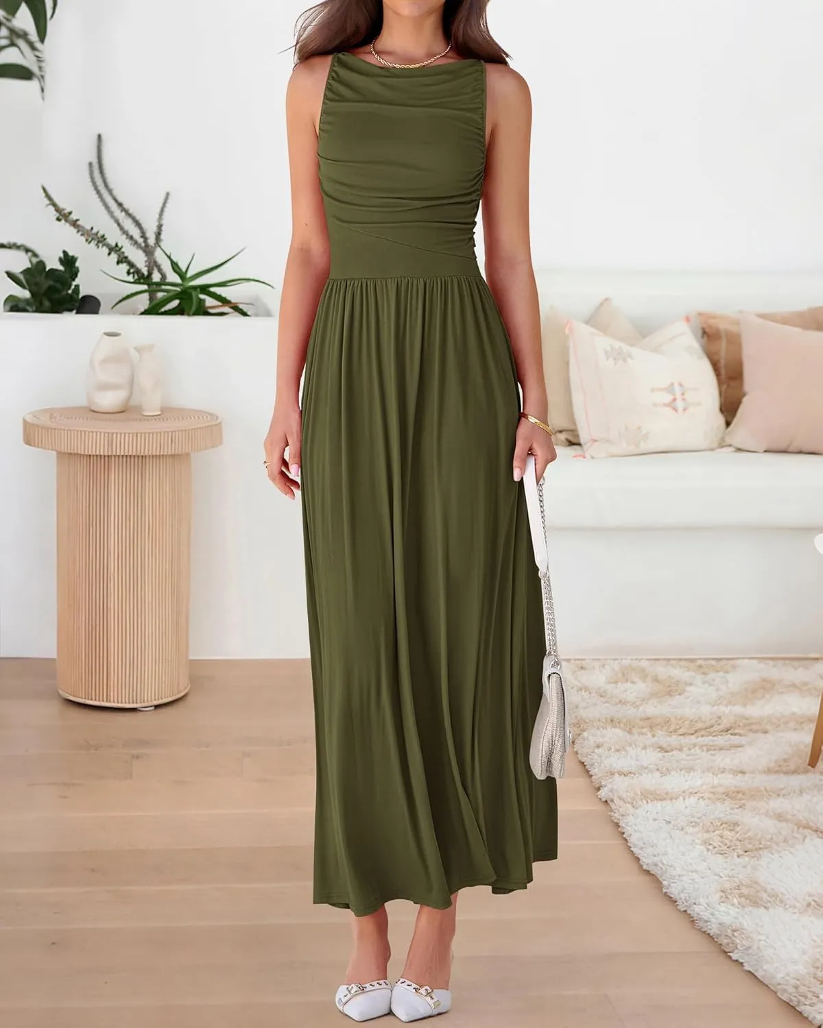 BTFBM Women Casual Dress 2025 Summer Sleeveless Ruched Maxi Dresses Boat Neck High Waist Lightweight Tank Dress Pockets