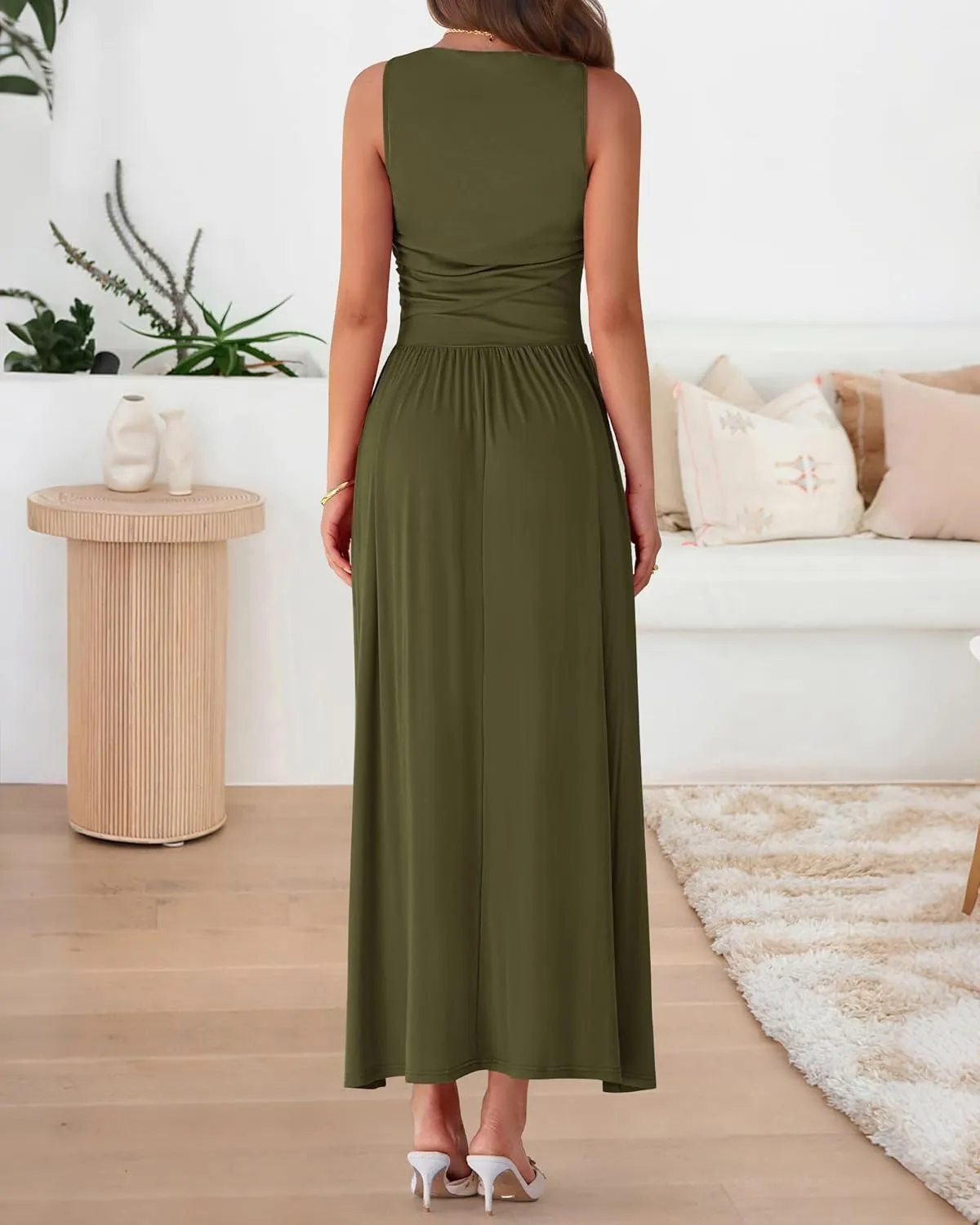 BTFBM Women Casual Dress 2025 Summer Sleeveless Ruched Maxi Dresses Boat Neck High Waist Lightweight Tank Dress Pockets