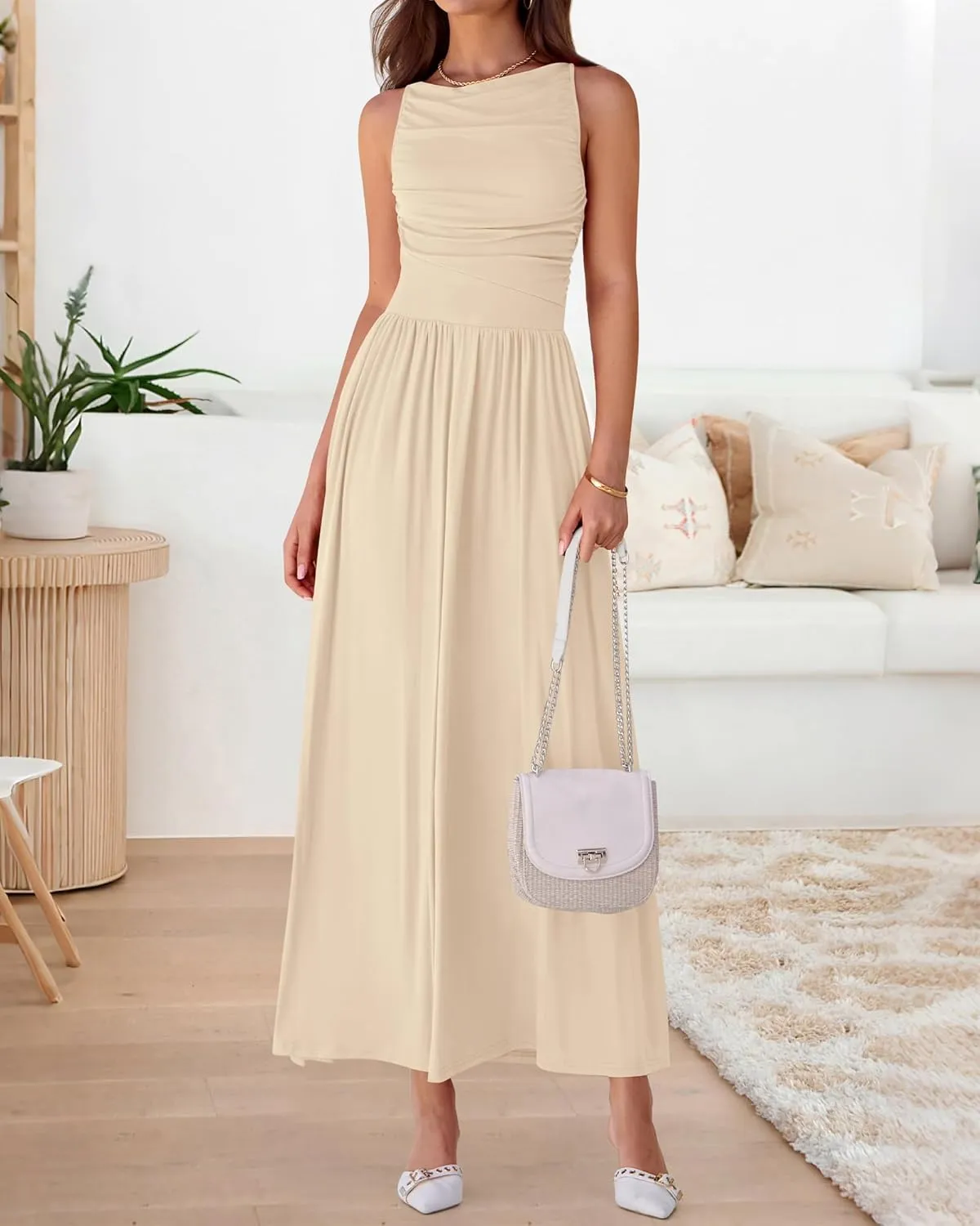 BTFBM Women Casual Dress 2025 Summer Sleeveless Ruched Maxi Dresses Boat Neck High Waist Lightweight Tank Dress Pockets