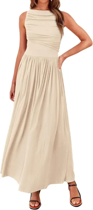 BTFBM Women Casual Dress 2025 Summer Sleeveless Ruched Maxi Dresses Boat Neck High Waist Lightweight Tank Dress Pockets