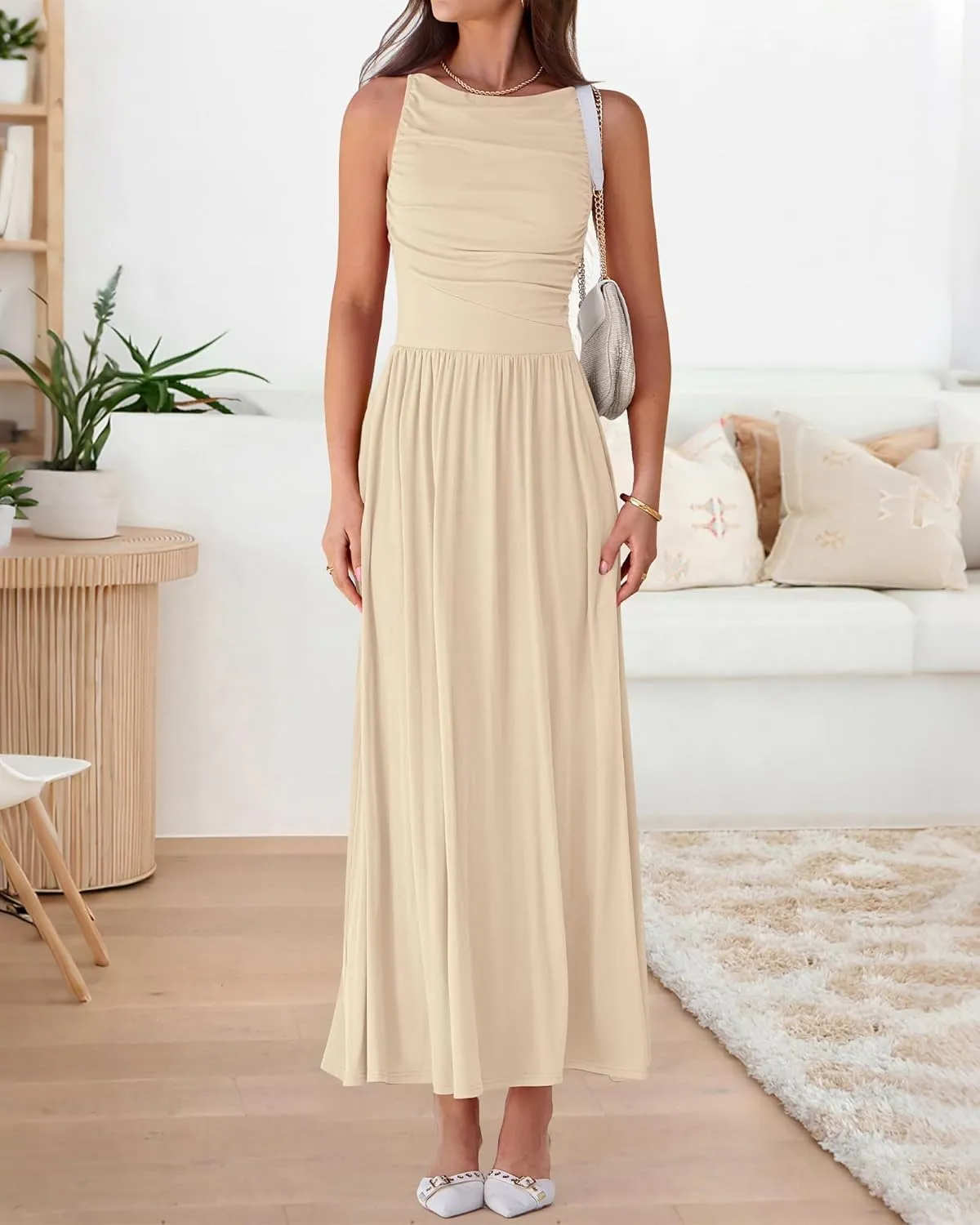 BTFBM Women Casual Dress 2025 Summer Sleeveless Ruched Maxi Dresses Boat Neck High Waist Lightweight Tank Dress Pockets