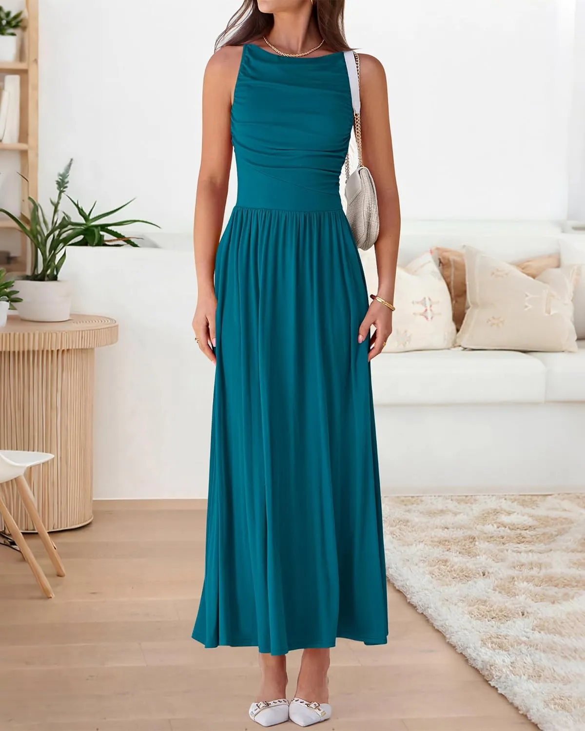 BTFBM Women Casual Dress 2025 Summer Sleeveless Ruched Maxi Dresses Boat Neck High Waist Lightweight Tank Dress Pockets