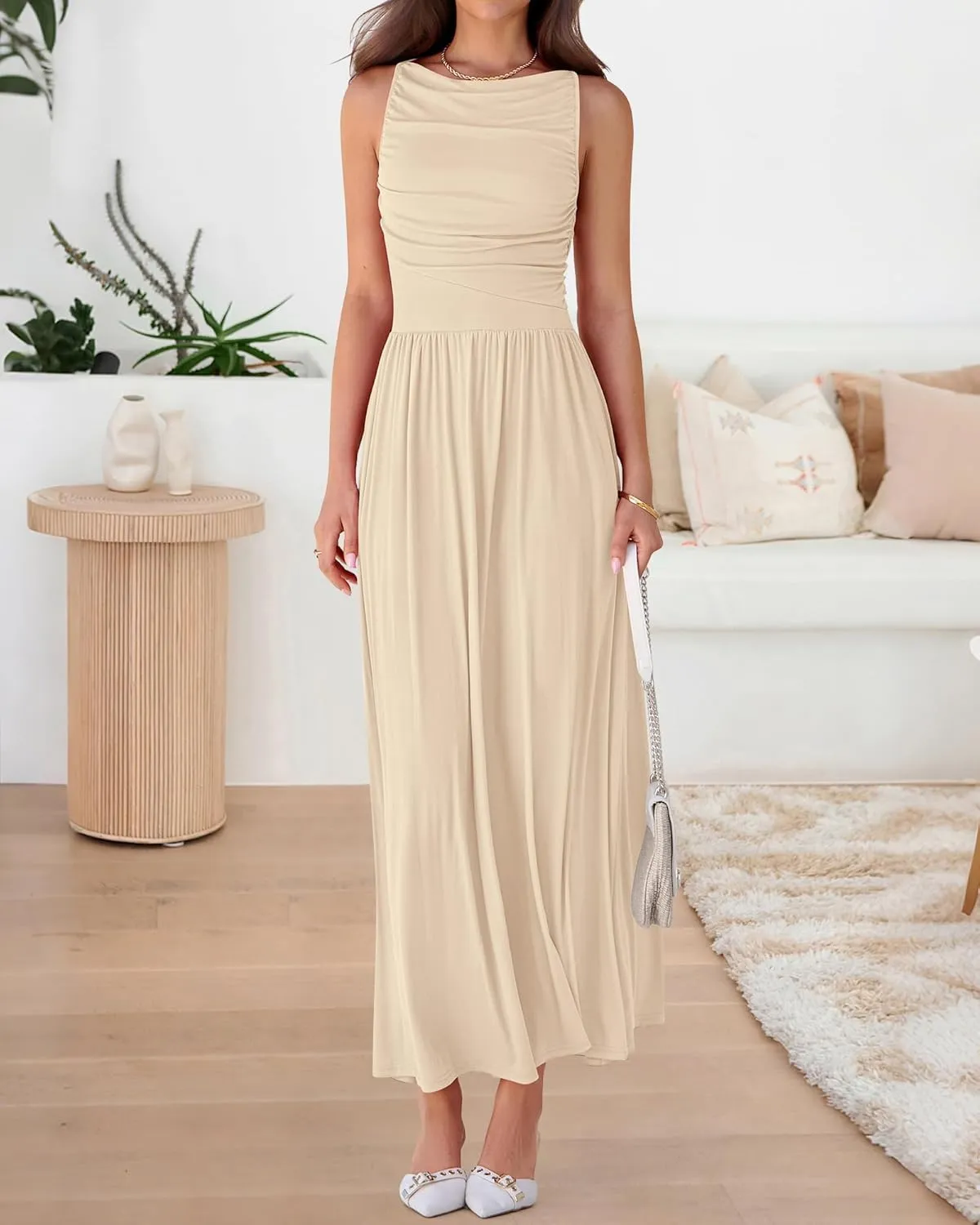 BTFBM Women Casual Dress 2025 Summer Sleeveless Ruched Maxi Dresses Boat Neck High Waist Lightweight Tank Dress Pockets