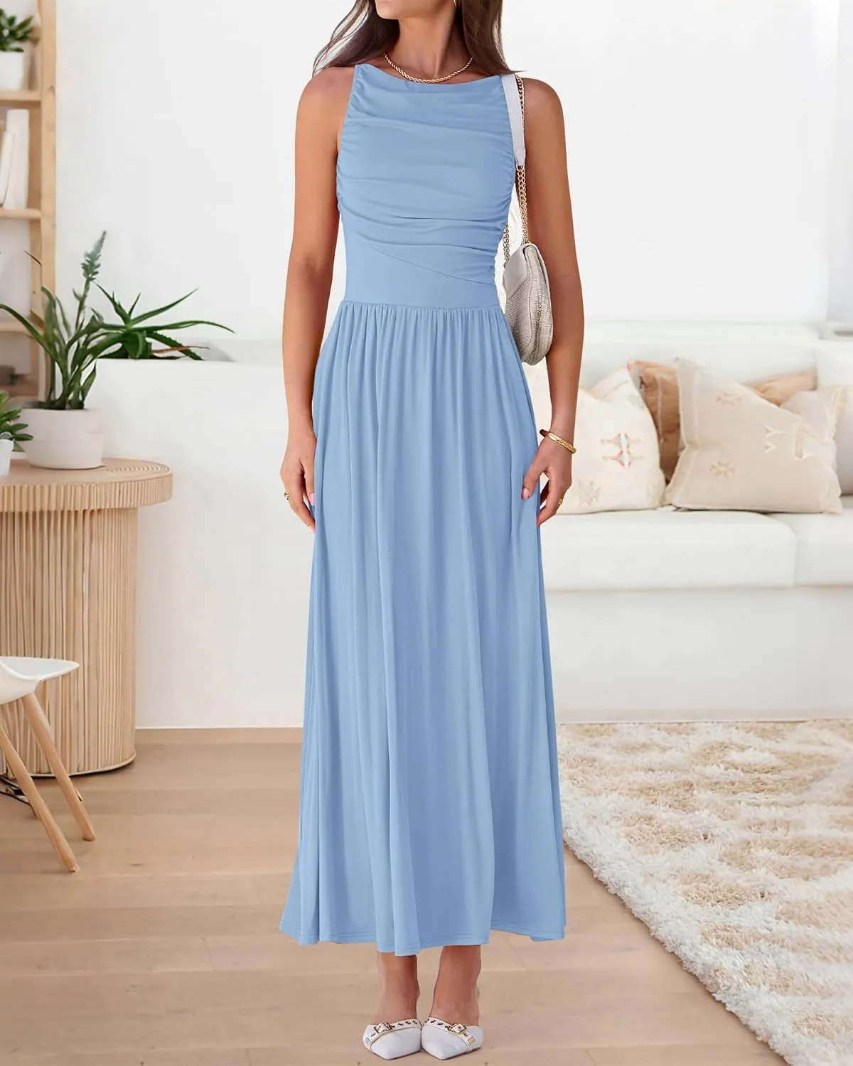 BTFBM Women Casual Dress 2025 Summer Sleeveless Ruched Maxi Dresses Boat Neck High Waist Lightweight Tank Dress Pockets