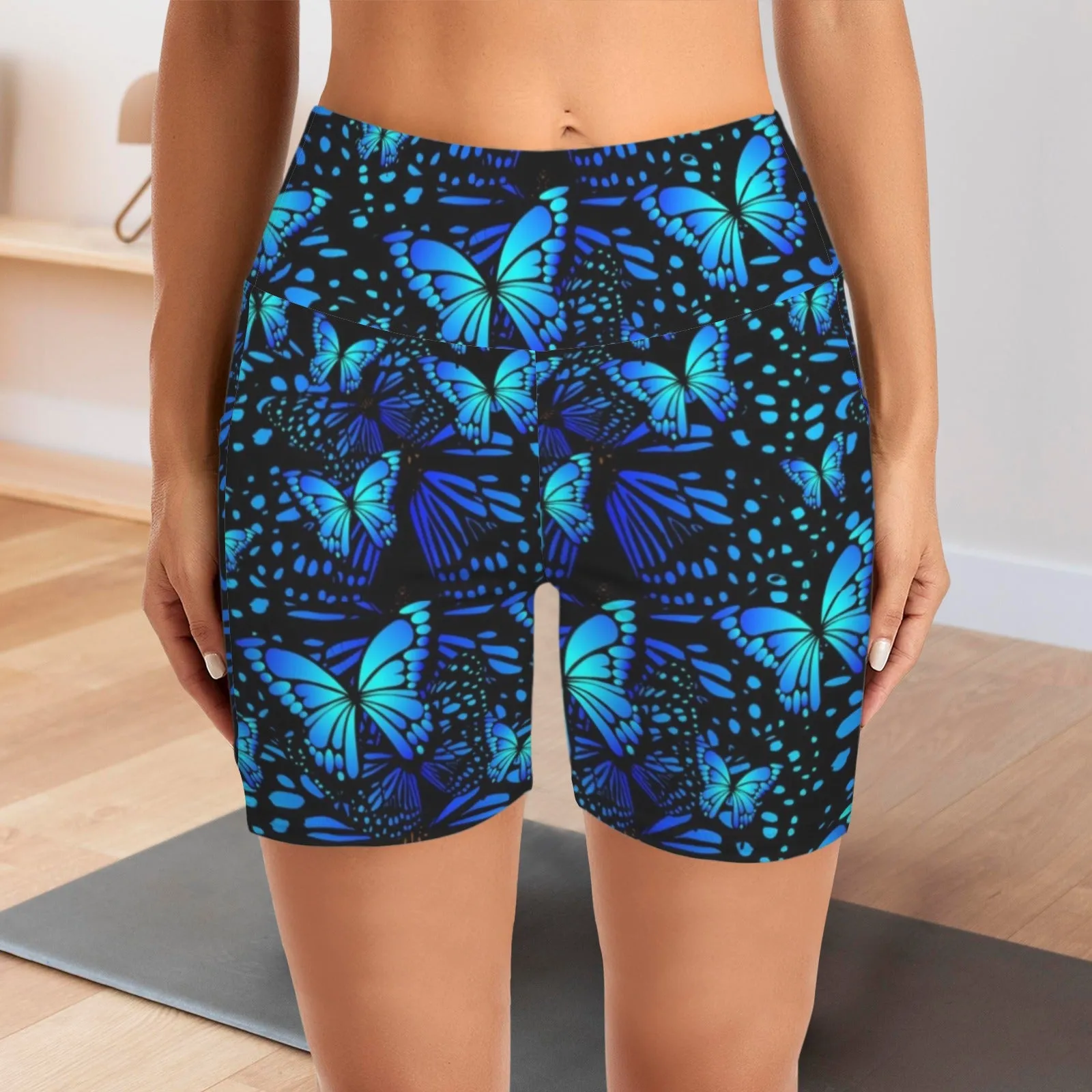 Butterflies Blue Yoga Shorts with Pockets up to 5 XL (FWS)