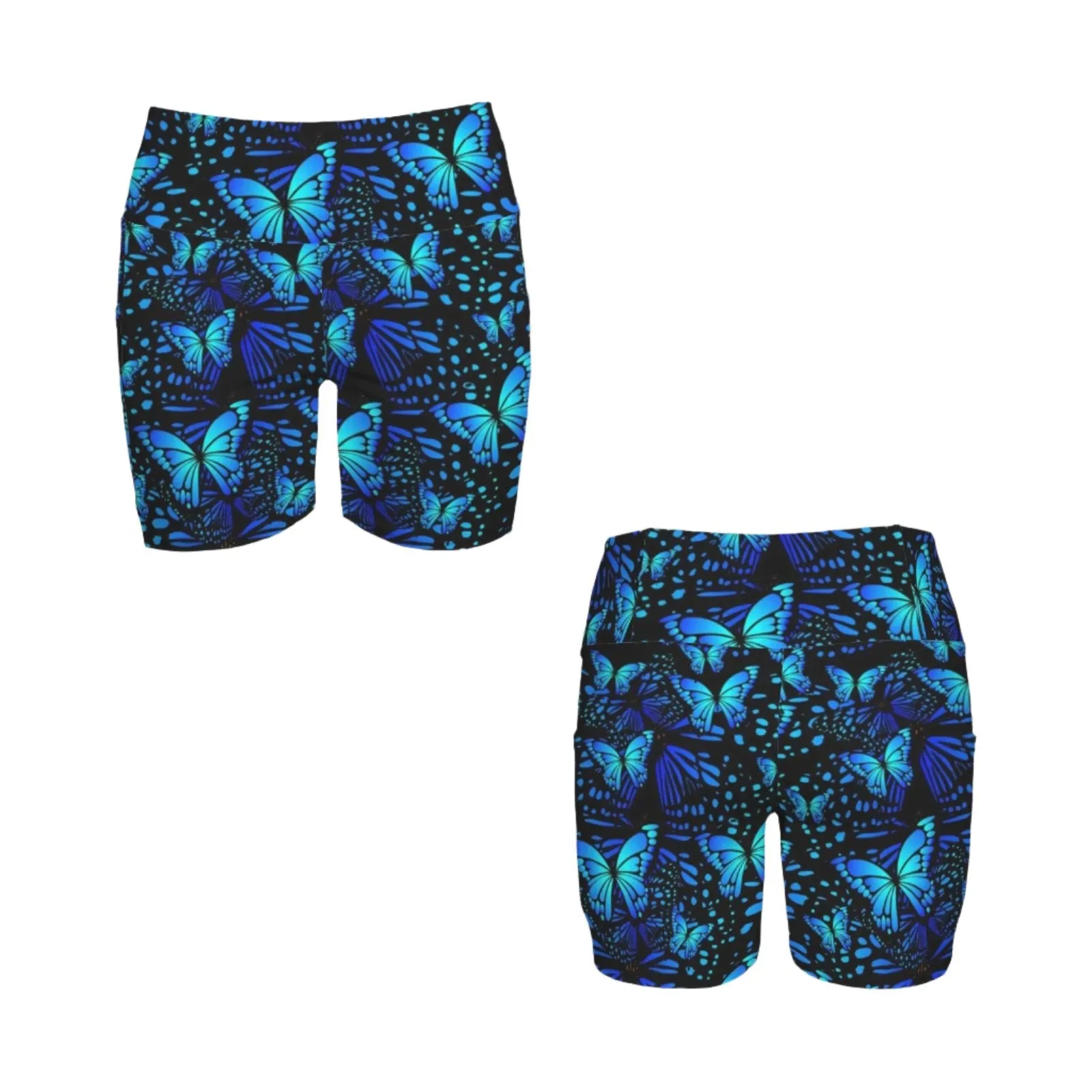 Butterflies Blue Yoga Shorts with Pockets up to 5 XL (FWS)
