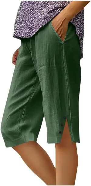 Capri Pants for Women Linen Bermuda Shorts Summer Drawstring Elastic Pant Lightweight Beach Shorts Straight Leg Trouser