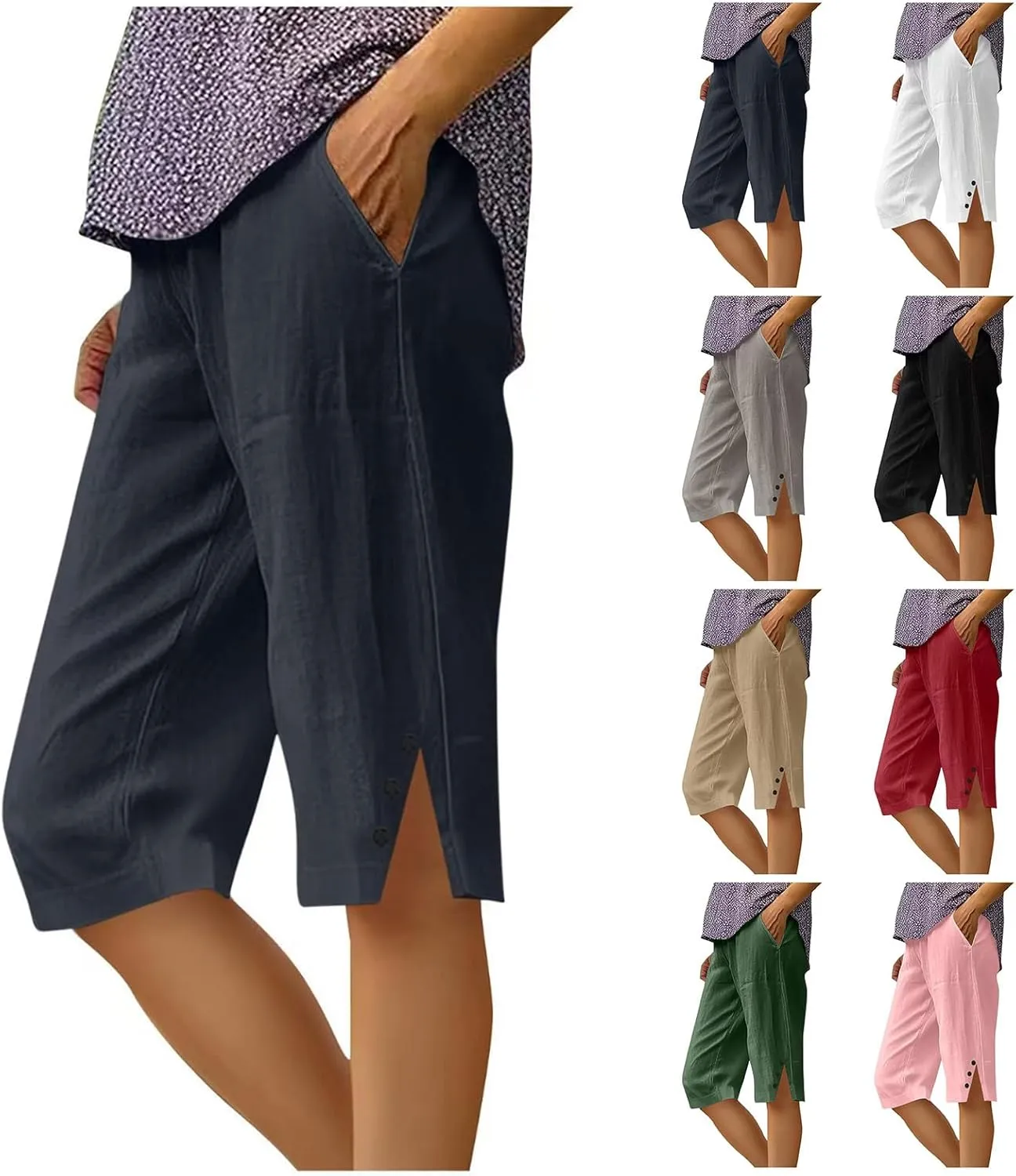 Capri Pants for Women Linen Bermuda Shorts Summer Drawstring Elastic Pant Lightweight Beach Shorts Straight Leg Trouser