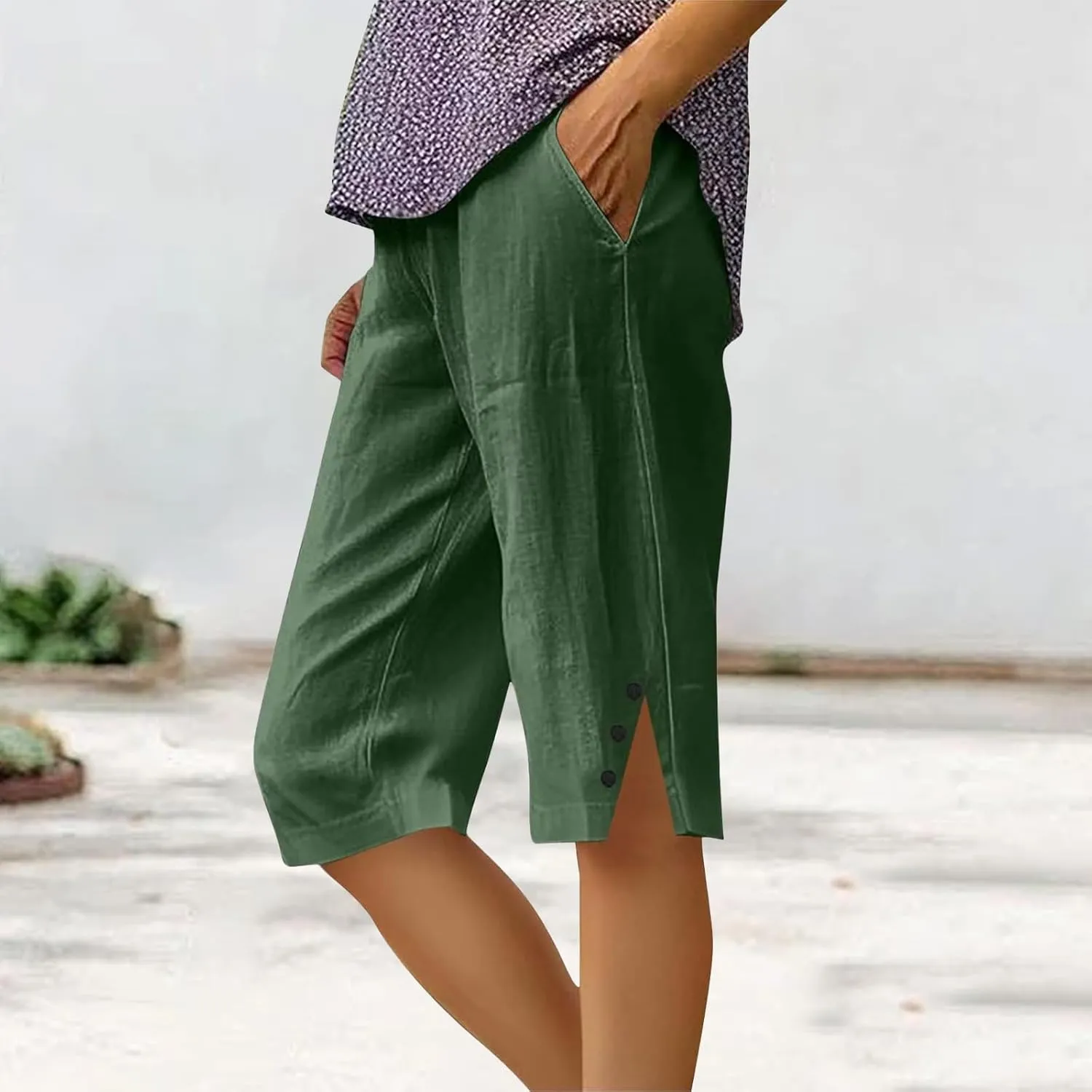 Capri Pants for Women Linen Bermuda Shorts Summer Drawstring Elastic Pant Lightweight Beach Shorts Straight Leg Trouser