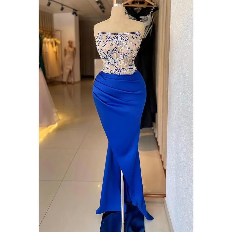 Chic & Modern Strapless Beaded Illusion Satin Pleats Prom Dress Evening Gown
