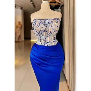 Chic & Modern Strapless Beaded Illusion Satin Pleats Prom Dress Evening Gown