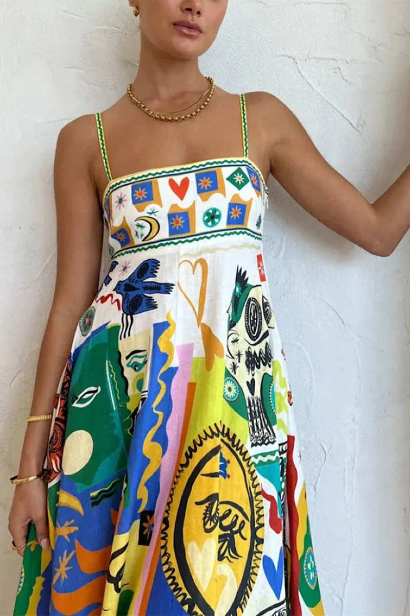Chic geometric graffiti print suspender skirt