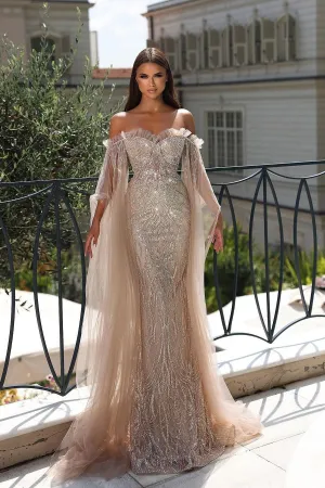 Chic Long Mermaid Sweetheart Tulle Sequined Prom Dress with Sleeves