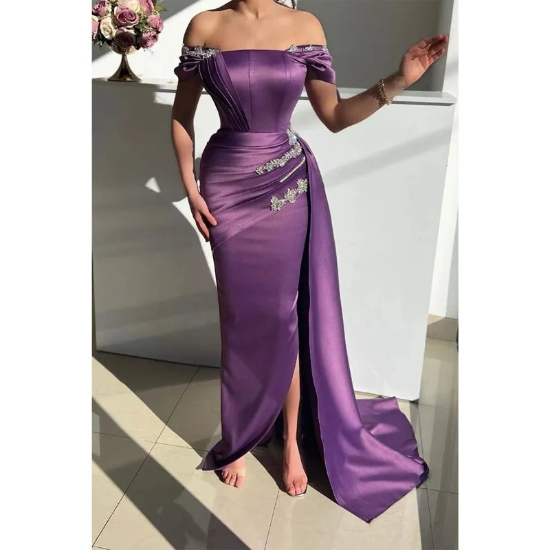 Chic Off Shoulder Satin Beads Mermaid Formal Evening Gowns with Slit