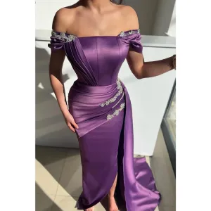 Chic Off Shoulder Satin Beads Mermaid Formal Evening Gowns with Slit