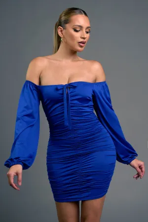 CHIC VENECHIA SOLID OFF SHOULDER RUCHED MINI DRESS