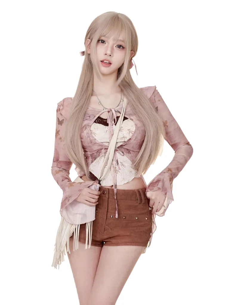 Coffee   Beige   Suspender Pink Top Moulin Shorts Butterfly Cardigan Broken