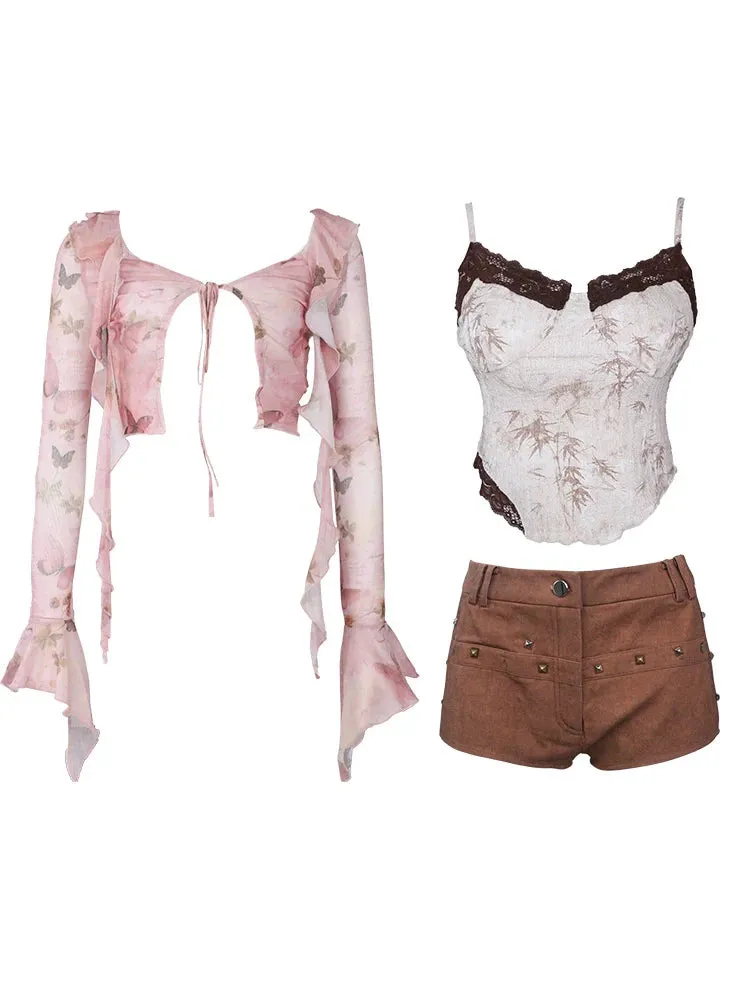 Coffee   Beige   Suspender Pink Top Moulin Shorts Butterfly Cardigan Broken