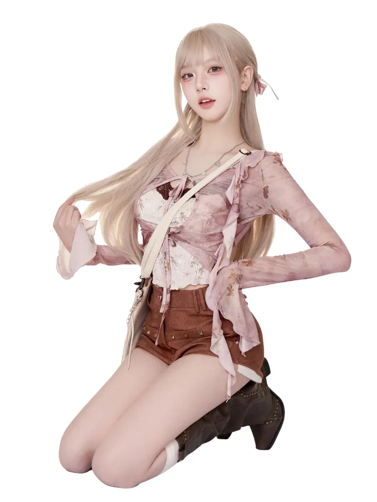 Coffee   Beige   Suspender Pink Top Moulin Shorts Butterfly Cardigan Broken