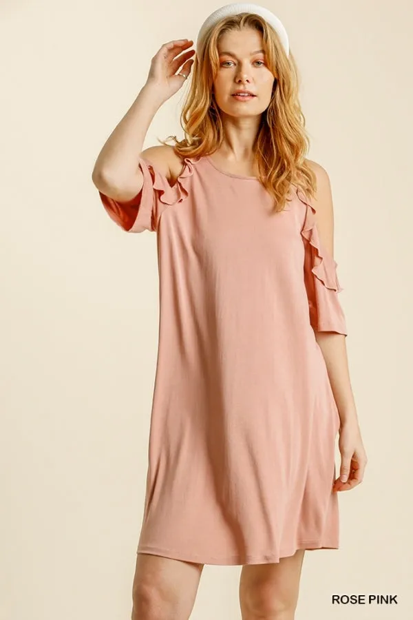 Cold Shoulder Ruffle Trimmed Detail Half Sleeve Dress