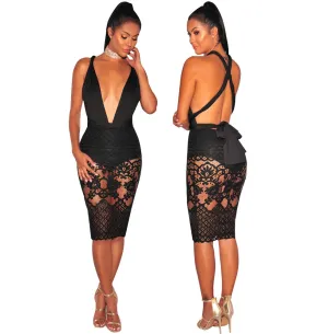 Deep V-neck Backless Straps Cross Lace Patchwork Knee-length Dress