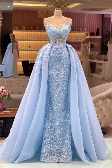 Designer Blue Long Lace Prom Dresses Evening Gowns With Detachable Train