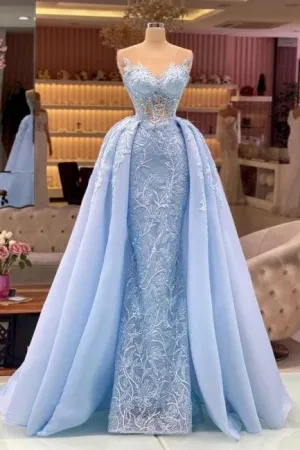 Designer Blue Long Lace Prom Dresses Evening Gowns With Detachable Train