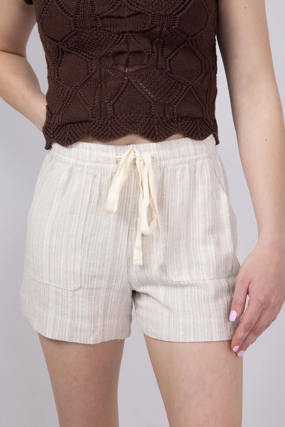 Drawstring Stripe Shorts for Women in Natural | 42735-NATURAL