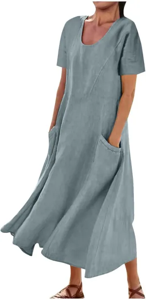 Dress for Women Summer Short Sleeve Solid Color Cotton Linen Casual Plus Size Baggy Flowy Maxi Dresses with Pocket