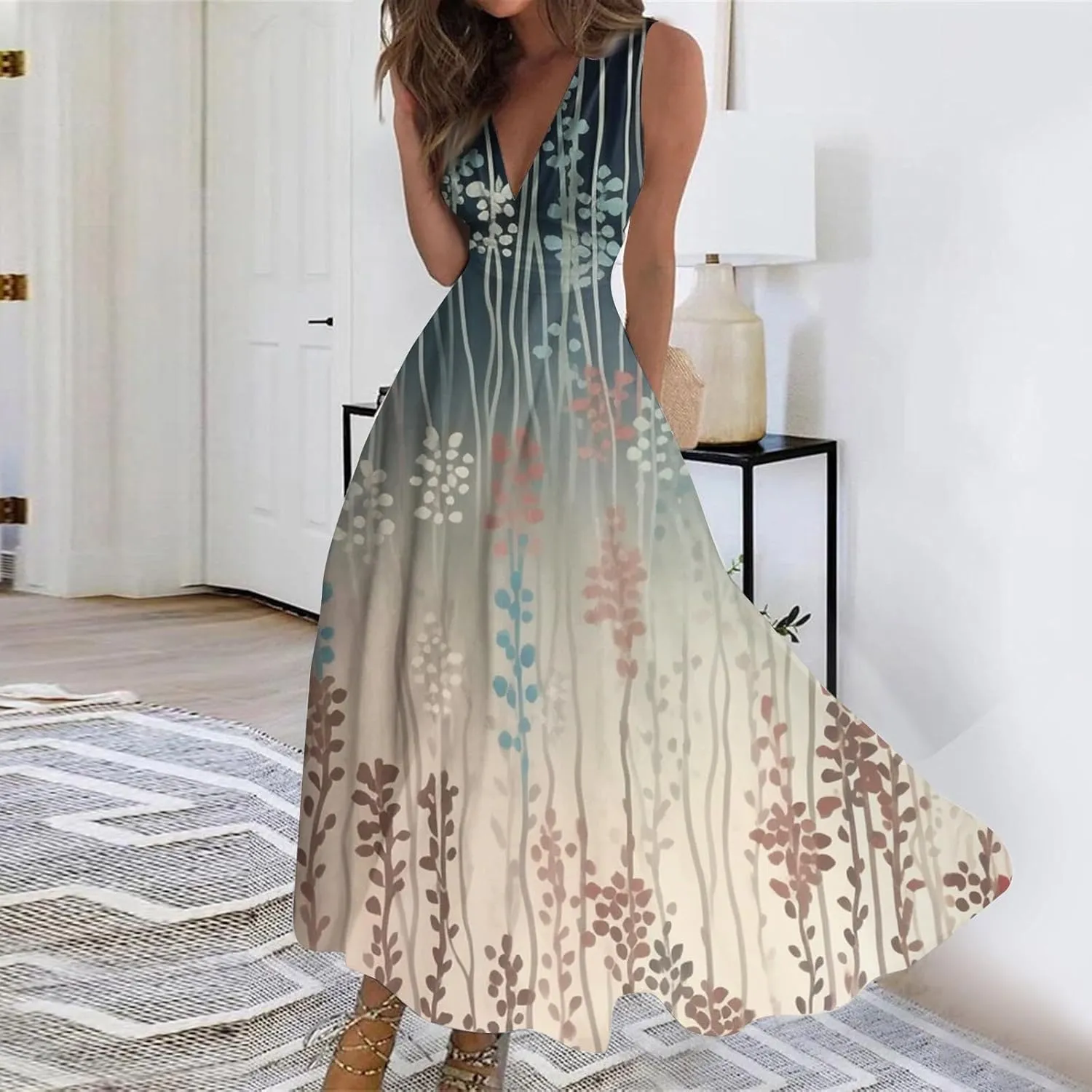 Dresses for Women 2025 Sleeveless Wrap V Neck Beach Dress Flowy Ruched Floral Print Sundress Trendy Maxi Dress