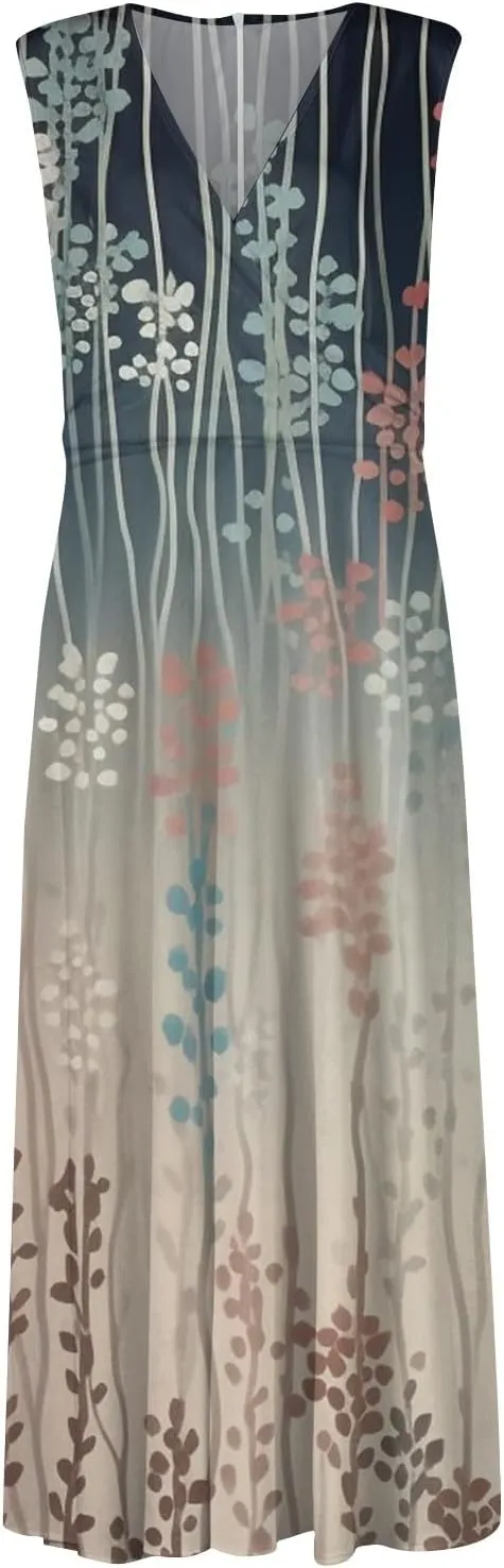 Dresses for Women 2025 Sleeveless Wrap V Neck Beach Dress Flowy Ruched Floral Print Sundress Trendy Maxi Dress